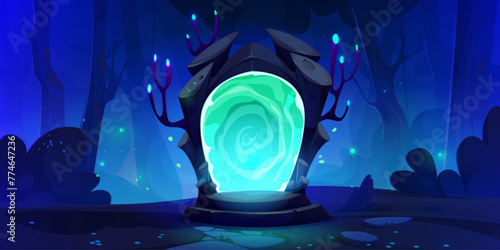 Magic portal door in fantasy forest game world vector background. Green neon gate light in futuristic enchanted mirror. Wizard aura vortex glow in doorway. Fantastic adventure to alien dimension © klyaksun