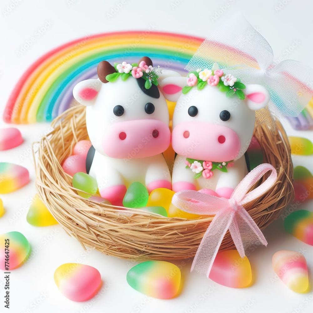 a couple wedding cow in nest made of pastel color rainbow gummy candy on a white background a couple wedding cow in nest made of pastel color rainbow gummy candy on a white background