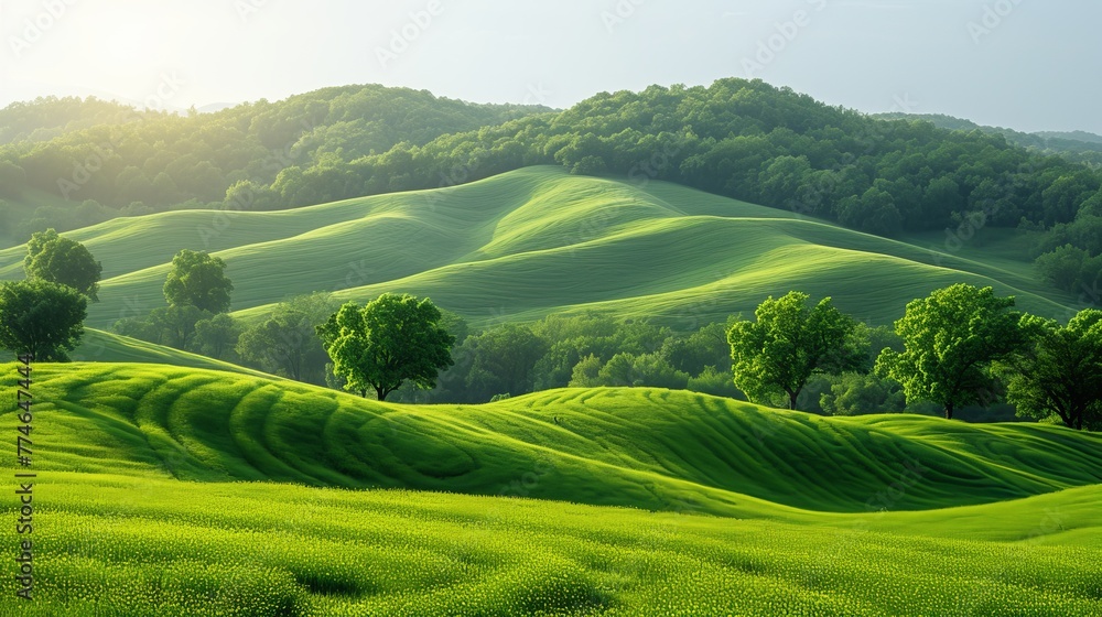   A painting of green hills dotted with trees in the foreground Sun rays filtering through tree tops on summit