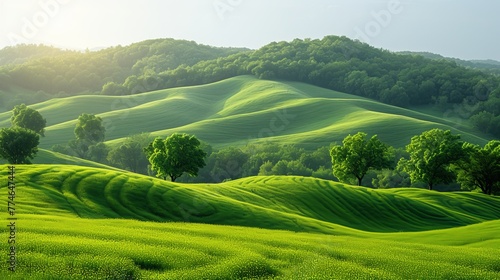  A painting of green hills dotted with trees in the foreground Sun rays filtering through tree tops on summit