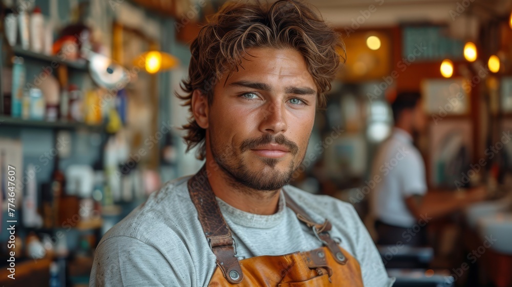A bearded man in a leather apron stands in a restaurant, while a man in the background gazes at the camera A bearded man in a leather apron stands in a restaurant, while a man in the background gazes at the camera