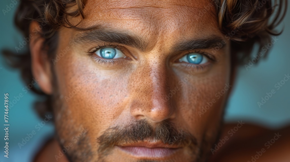 A man with blue eyes gazes intently into the camera, expression serious A man with blue eyes gazes intently into the camera, expression serious