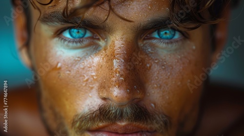   A tight shot of a man's face, displaying blue eyes and freckles scattered across skin, framed by a beard © Mikus