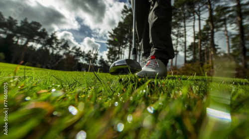 Golf club and golf ball on the grass. Green golf course. Golfer's feet