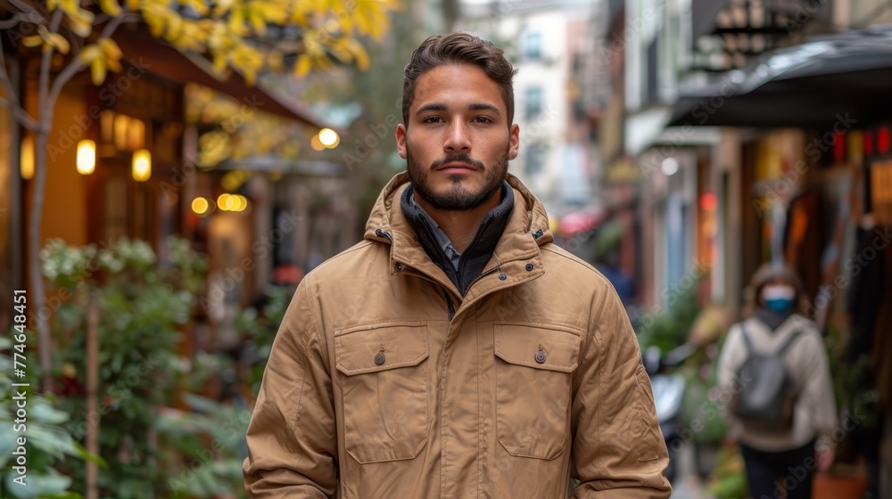 A man, clad in a tan jacket, wears a black scarf around his neck in the city street A man, clad in a tan jacket, wears a black scarf around his neck in the city street