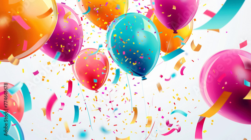 A dynamic and joyful birthday setting with brightly colored balloons ascending, multicolored paper confetti in mid-flight, and vibrant pennants crisscrossing photo