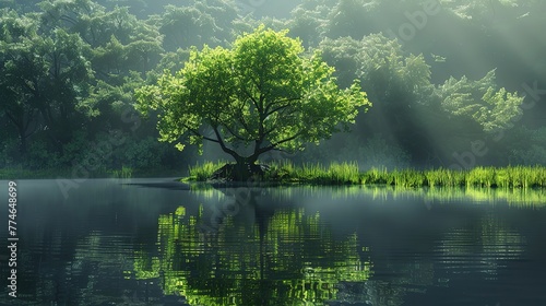 Tranquil scene green tree reflects in peaceful pond water generated by artificial intelligence ,Generative ai,  © curek