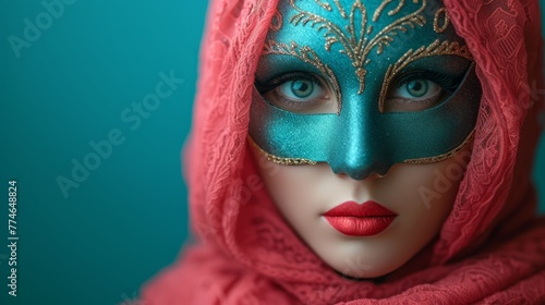  A tight shot of a woman's face adorned with a blue-green masquerade mask and a red scarf draped around her neck