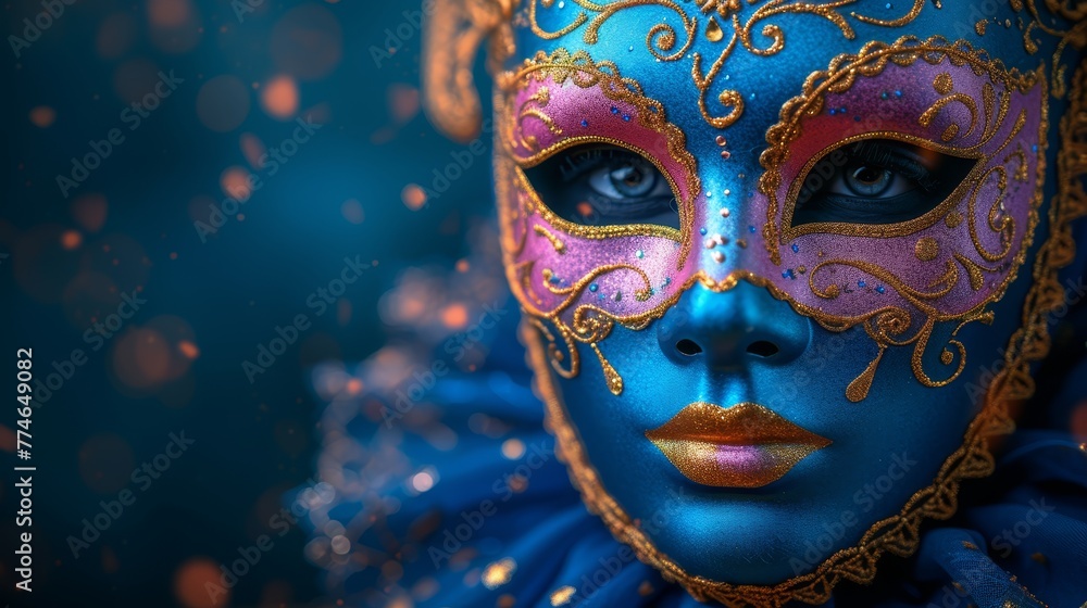   A tight shot of a woman's face adorned with a blue-pink mask and golden decorations