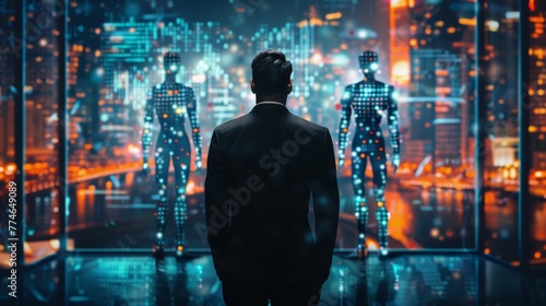 A man in a business suit stands facing a futuristic holographic interface  where luminous  digital human figures appear to interact with the networked environment