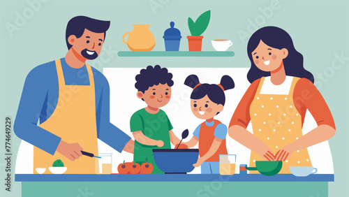 A drawing of a family working together in the kitchen utilizing cooking and baking as a theutic activity to cope with stress.