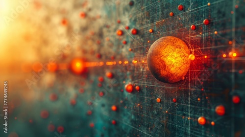   A tight shot of a wall bearing a solitary ball and an aligned sequence of orange balls photo