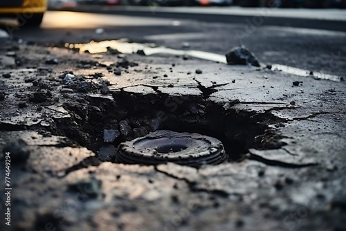 Broken pothole on the road in the city at sunset