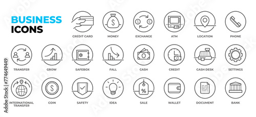 Business icons pack, set of circle vector icons: credit card, exchange, ATM, cash, wallet and sale, money transfer and cashdesk, phone and location. Lineart stroke minimal design.