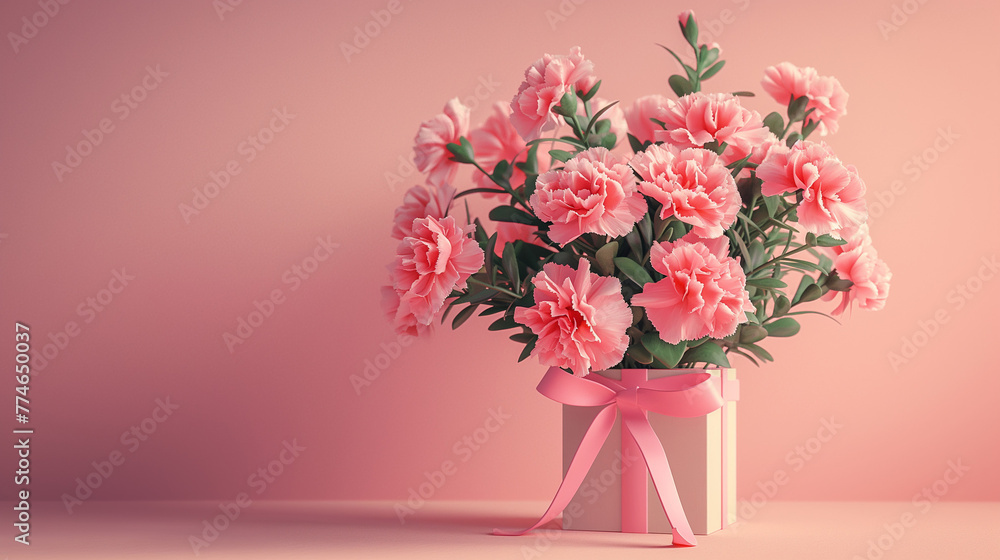 Obraz premium Design concept of Mother's day holiday greeting design with carnation bouquet on pastel pink table background.