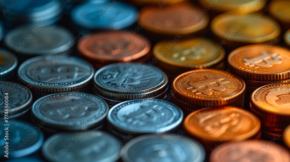 A tight shot of a heap of coins, one bearing the bitcoin logo atop A tight shot of a heap of coins, one bearing the bitcoin logo atop