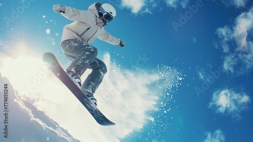 Dynamic Snowboarder Mid-Air Clear Blue Sky