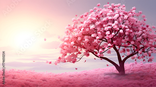 Pink tree in a field of pink flowers pink tree scenery peaceful place scenic  background © Pink