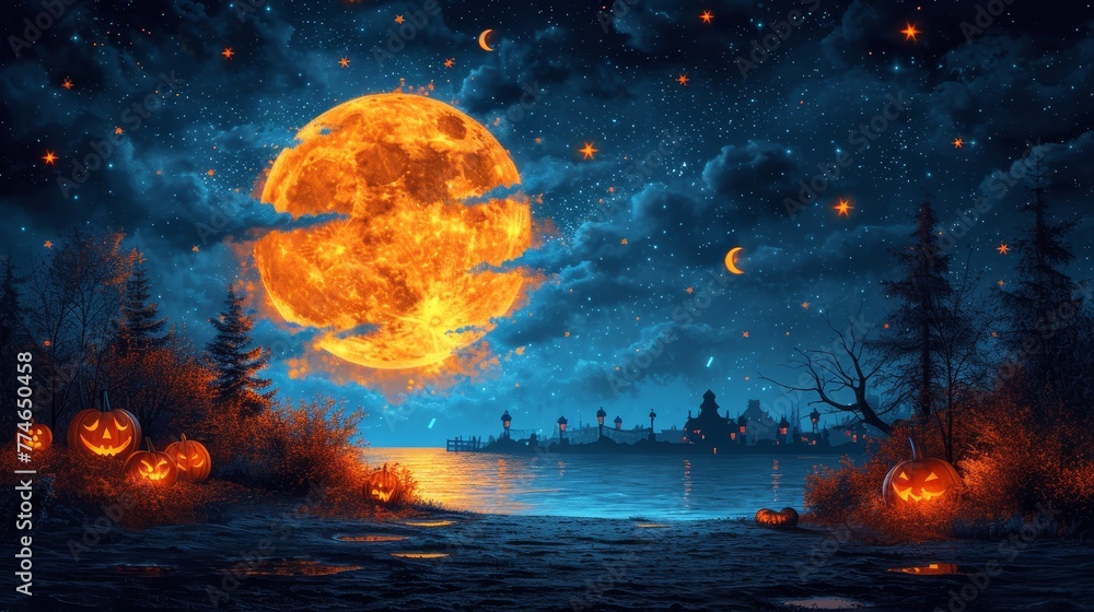full moon over tranquil lake, pumpkins in foreground, castle in background full moon over tranquil lake, pumpkins in foreground, castle in background