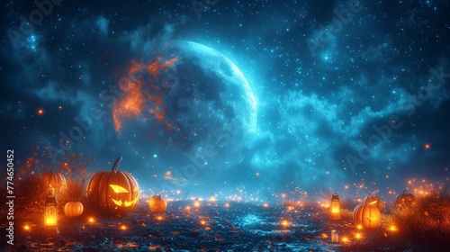   A cluster of pumpkins rests in a field's heart, moon rising in the backdrop #774650452