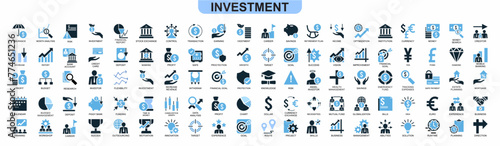 set of Investment icon symbol. economy, financial gain, interest investor, mutual fund, asset, risk management, and stock icons. Solid icon vector photo