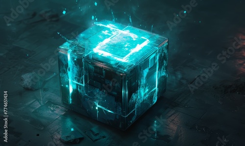   A glowing cube atop a dark room's floor, adjacent to a fire hydrant, near a fire hydrant © Mikus