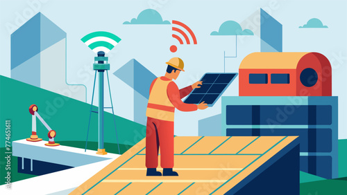 An upclose image of a technician installing a 5G antenna on the roof of a large manufacturing facility part of a companywide effort to fully