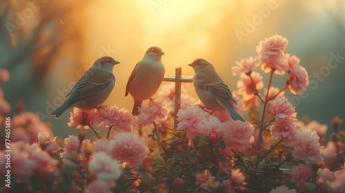   Two birds perch on a post in a flower-filled field Sunlight filters through the trees behind them photo