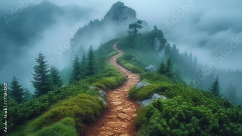   A path ascending a mountaineous, fog-enshrouded peak, where trees hug the misty footlands photo