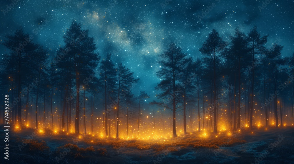   A forest teeming with numerous trees beneath a star-studded night sky, illuminated by many bright yellow lights