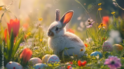 A happy white rabbit is resting among colorful Easter eggs in a beautiful natural landscape filled with lush green grass, flowers, and groundcover AIG42E