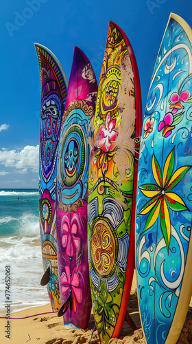 standing colorful Surf boards are lined up on sand beach at summer sky.