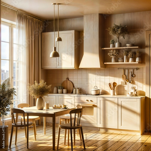 A modern interior with kitchen.