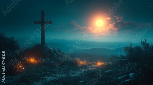  A cross atop a hill against a night backdrop, illuminated by a full moon, with bushy foliage in the foreground