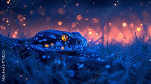   A tight shot of a serpent in a sea of grasses, its maw aglow with fire, backdrop hazy photo