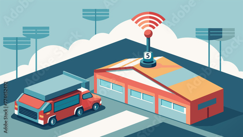 A detailed shot of a small antenna attached to the roof of a warehouse responsible for providing strong and consistent 5G connectivity to the