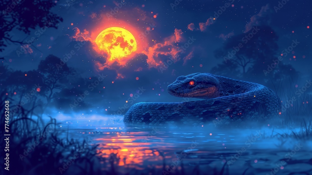 Fototapeta premium A large snake in a water body, under a full moon's backdrop