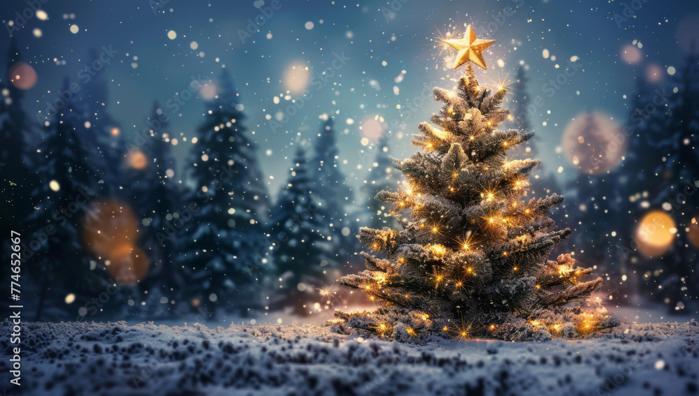 Christmas tree with shining star in winter night forest, glowing Christmas tree on snow background