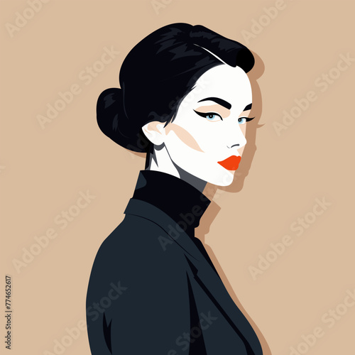 Vector flat faceless portrait of a serious young woman in black clothes.
