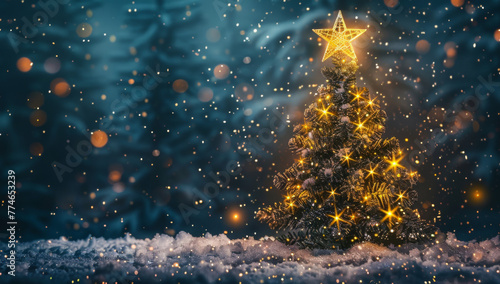 Christmas tree with shining star in winter night forest  glowing Christmas tree on snow background
