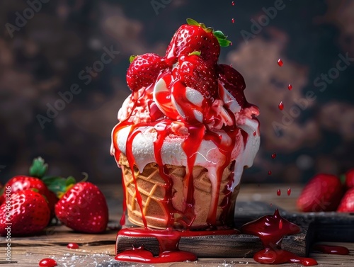 Close-up of a dripping strawberry sundae vibrant red photo