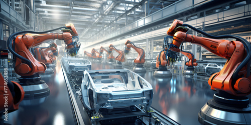  industrial robots in an automobile assembly plant, Automated Robot Arm Assembly Line Producing High Tech Electric Vehicles, Car Factory 3D Concept Automated Robot Arm Assembly Generative AI
