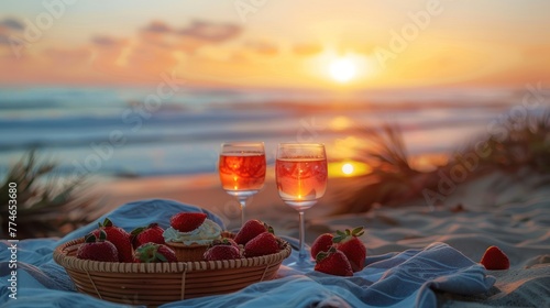 Beach picnic with strawberry sundaes sunset view photo