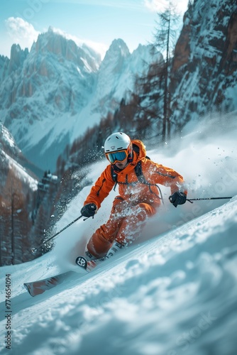 Skier in Sharp Turn on Pristine Snowy Slope