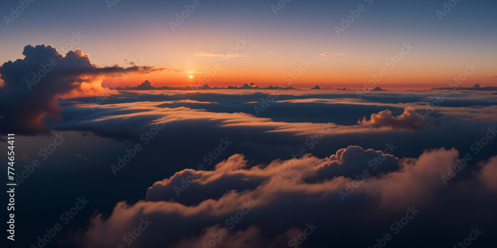Blue sky background with fluffy clouds shimmering golden, sunset, dawn