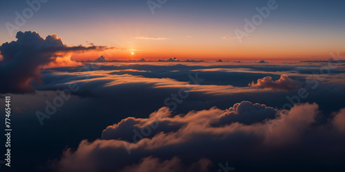 Blue sky background with fluffy clouds shimmering golden, sunset, dawn