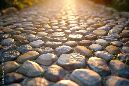 Photorealistic image of a pebble pathway, vibrant earth tones, in sunlight ,3DCG,clean sharp focus
