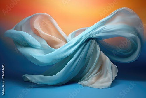 Abstract blue fabric flowing on colorful backdrop