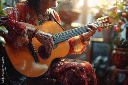 Elderly woman with disability passionately playing acoustic guitar surrounded by plants