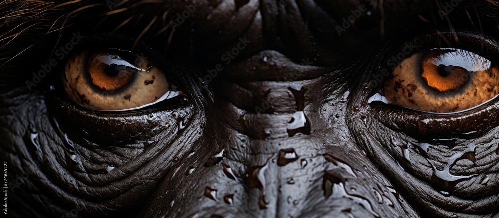 Close-up view of a gorilla's expressive eyes, with a shiny wet surface reflecting light - obrazy, fototapety, plakaty 